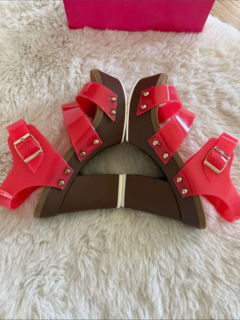 NATURE BREEZE Neon Coral Chunky Heel Jelly Platform Sandals - New